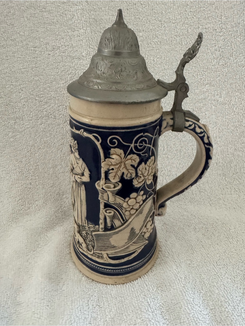 Made in Germany Ceramic Beer Stein with Pewter Lid - Blue and Cream Mold 2451